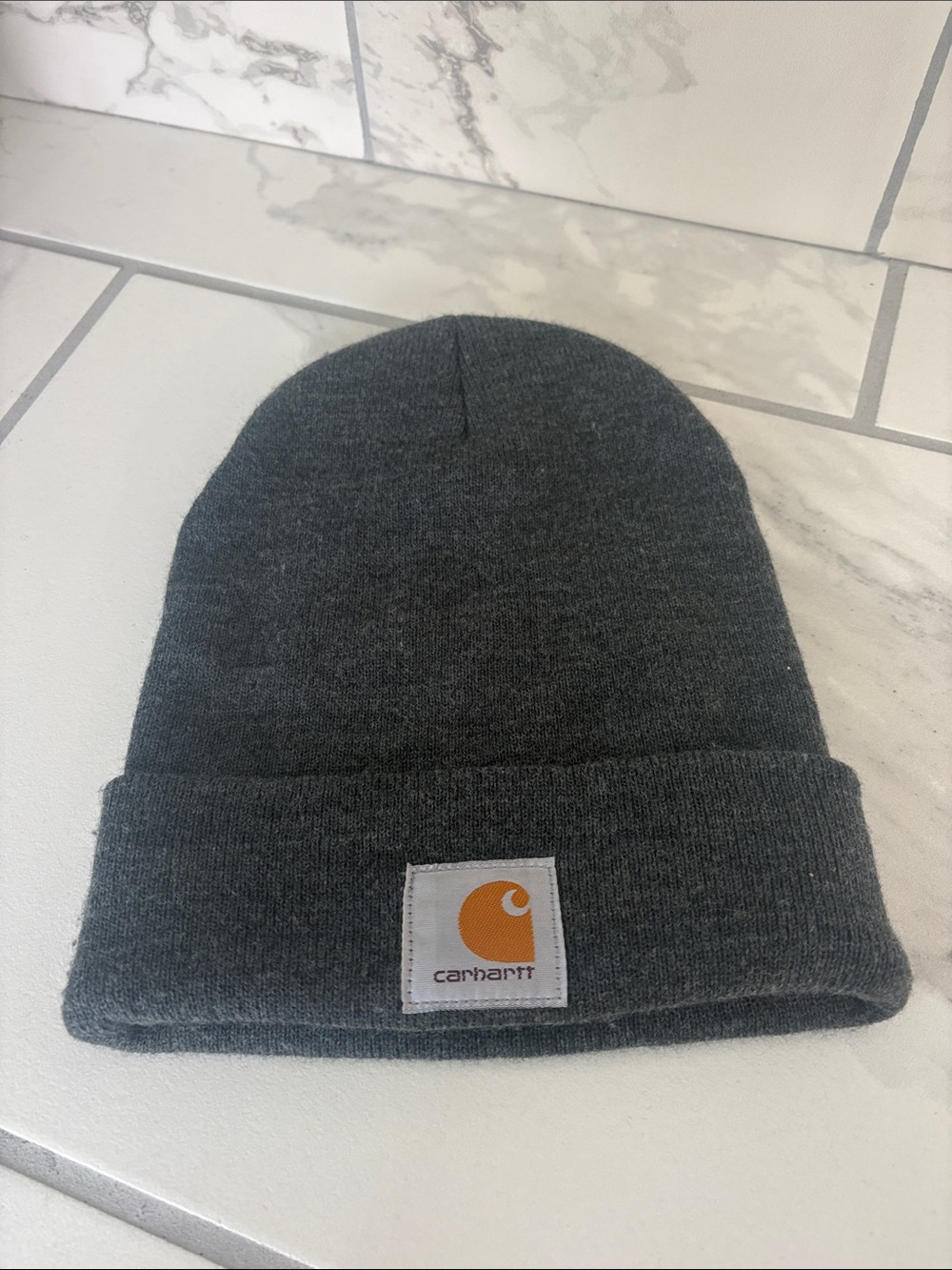 Carhartt Men's Knit Cuffed Beanie in Dark Heather Gray with Logo One Size